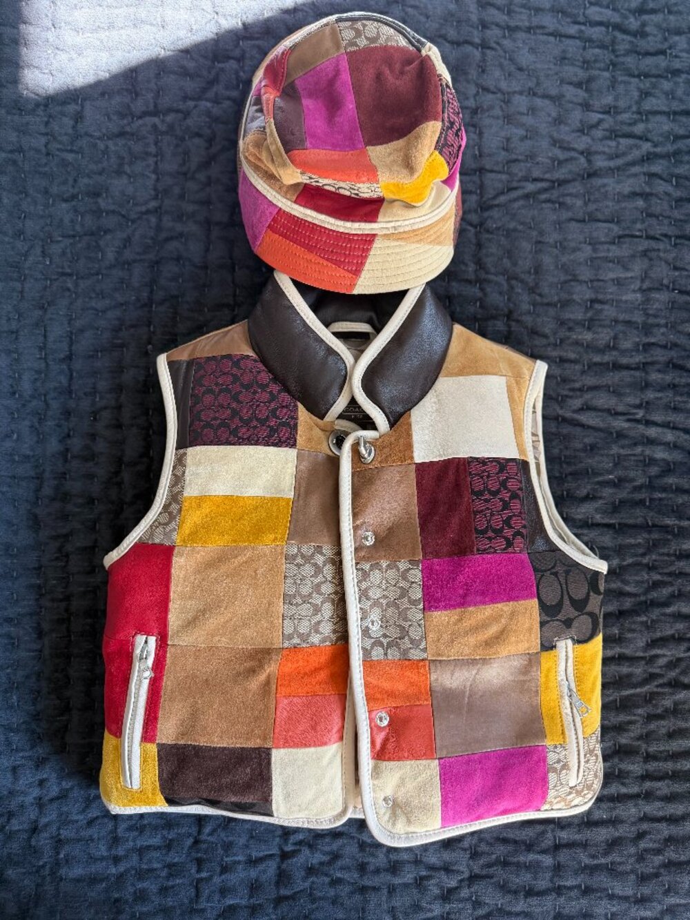 Coach Kids Down Leatther Suede Signature Patchwork Vest & Hat Size Small